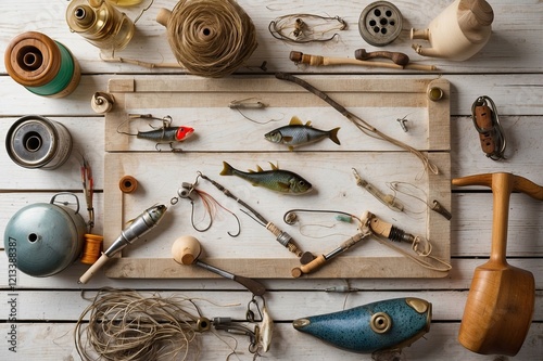 Craftsmen's tools and fishing gear arranged on a wooden surface in a well-lit workshop setting photo