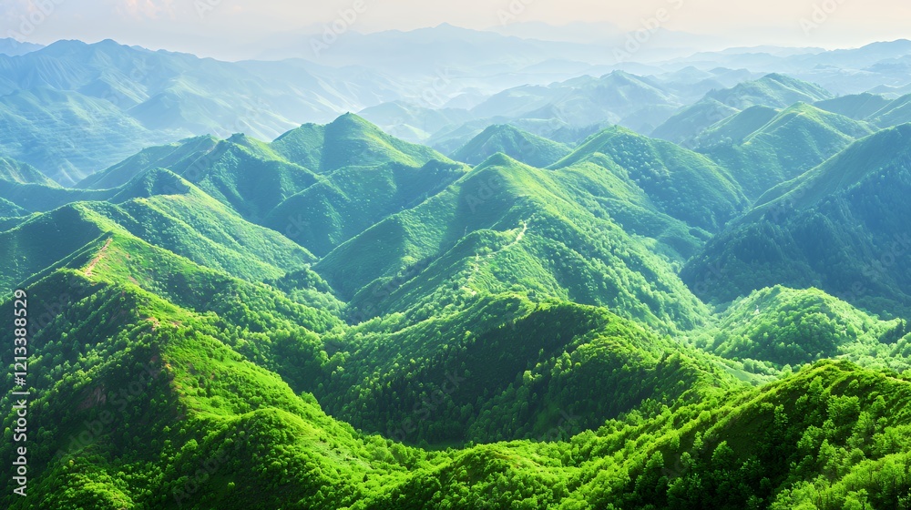 Fototapeta premium Serene Green Mountainscape: A Breathtaking Panorama of Lush Hills
