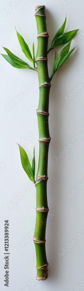 Fototapeta premium Green bamboo stalk isolated against a white background, showcasing high-resolution, sharp focus, and professional studio lighting.