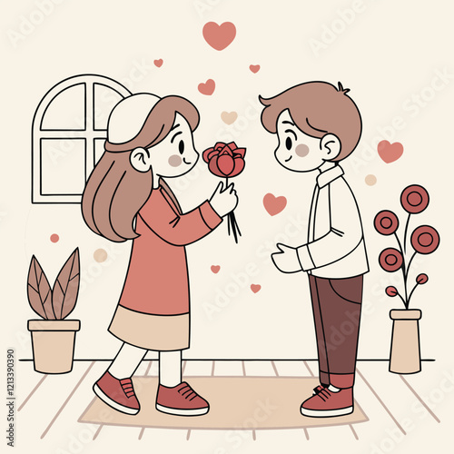valentine day girl and boy have a rose in hand