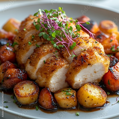 chicken cordon bleu plated with roasted vegetables and garnished with microgreens photo