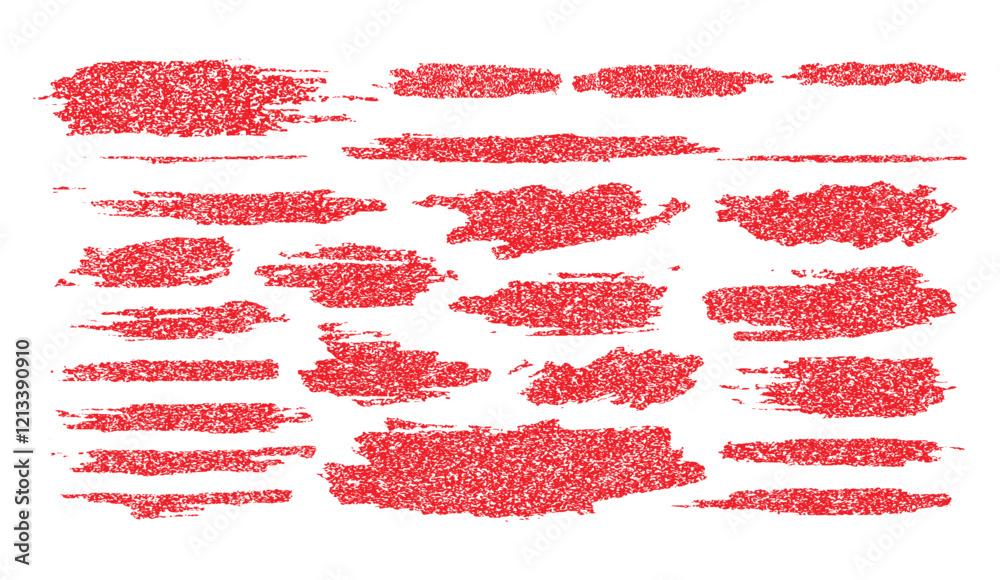 Red Grunge Stamp Texture Collection, a variety of distressed ink brush strokes and forms in bright red, ideal for graphic designs and artistic elements,