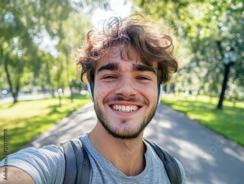 Smiling Man Taking a Selfie in a Park