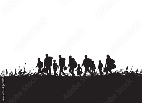 A Journey of Hope, A silhouette of refugees walking, carrying their belongings, their silhouettes stark against the white background, highlighting their arduous path forward,