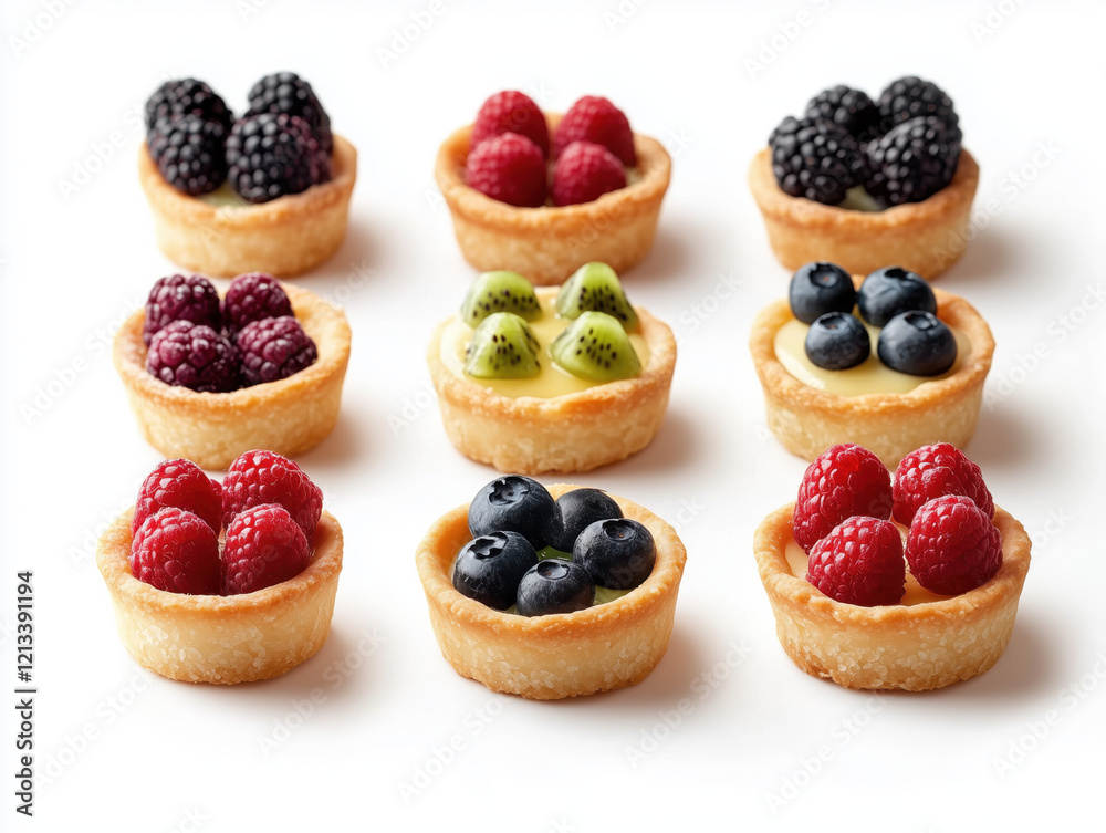 A Colorful Display of Fruit Tarts on a Pristine White Background: A Tempting Medley of Fresh Fruits and Creamy Fillings for Your Indulgence. A Colorful Display of Fruit Tarts on a Pristine White Background: A Tempting Medley of Fresh Fruits and Creamy Fillings for Your Indulgence.