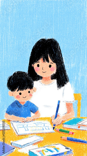 Love moment mother and children in the family, A mother helps her son with homework at a colorful table filled with books and stationery, emphasizing learning and togetherness.