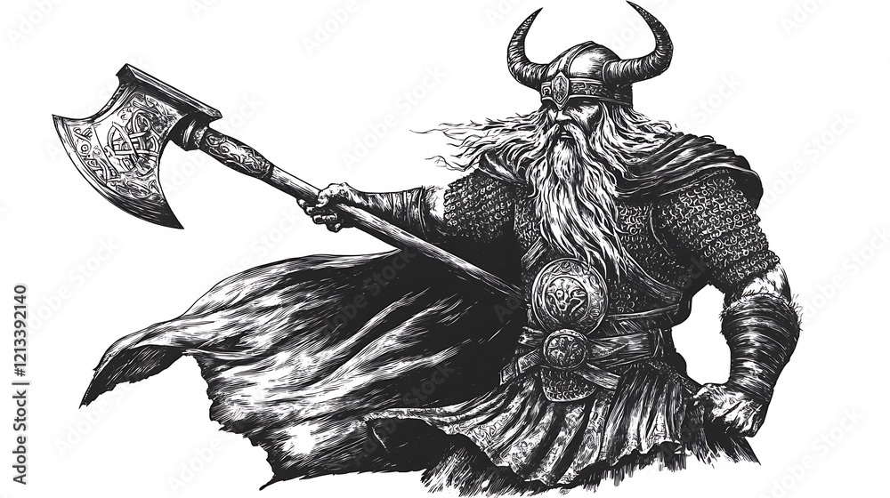 Obraz premium Viking warrior with horned helmet and billowing cape battle axe raised in strong pose black and white scratch board style