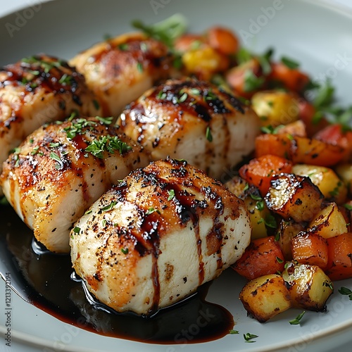 chicken cordon bleu served with a drizzle of balsamic reduction and roasted vegetable medley photo