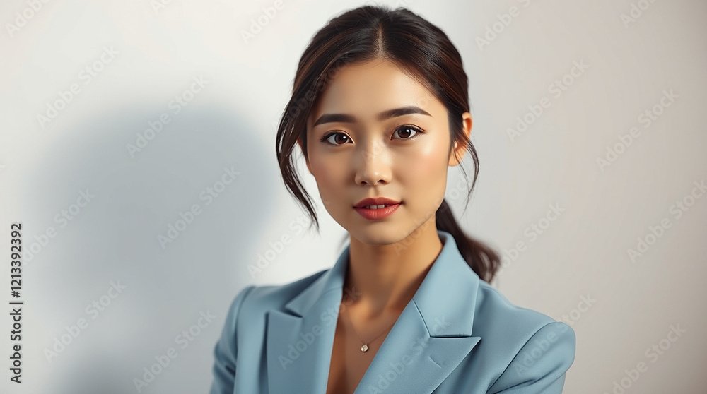 Portrait model of Japanese business woman wearing formal light blue suits smiling front camera on white background Portrait model of Japanese business woman wearing formal light blue suits smiling front camera on white background
