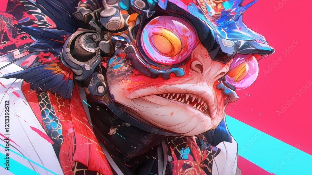 Fototapeta premium Character with oversized head and face showcasing unique facial features and expressions in a colorful background