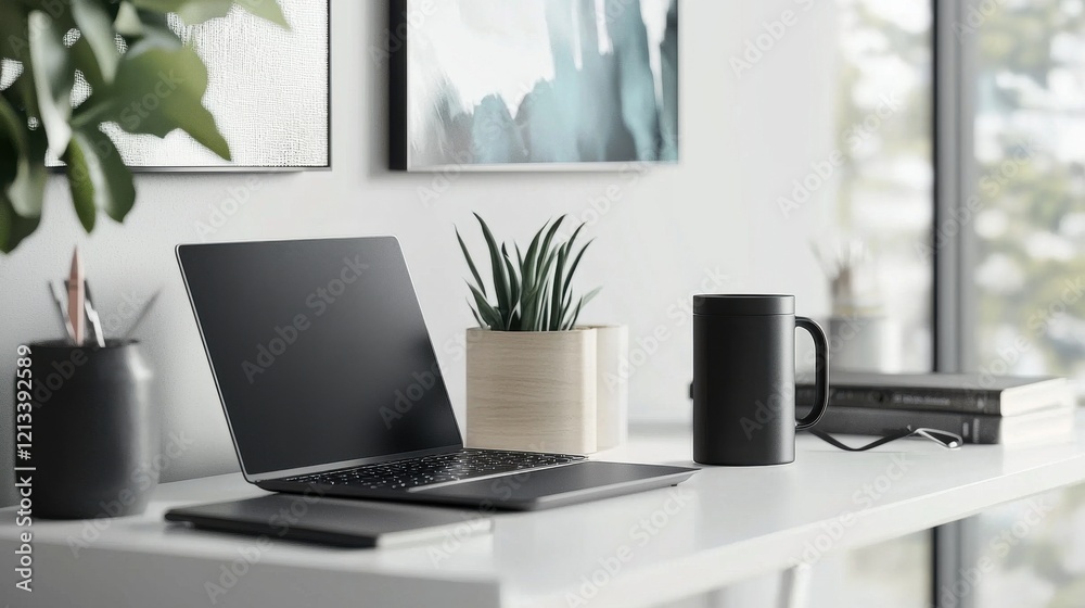 Cozy and Minimalist Home Office Workspace with Laptop and Decor Cozy and Minimalist Home Office Workspace with Laptop and Decor