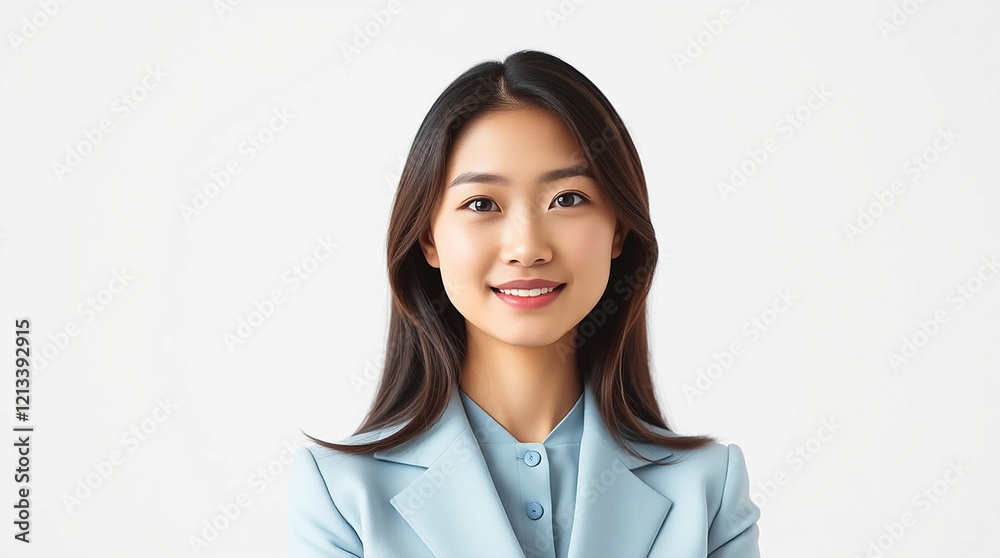 Portrait model of Japanese business woman wearing formal light blue suits smiling front camera on white background Portrait model of Japanese business woman wearing formal light blue suits smiling front camera on white background