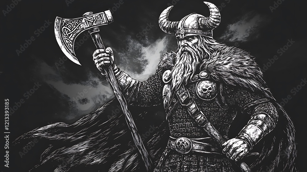 Fototapeta premium Viking warrior with cape and battle axe in hand black and white scratch board illustration with horned helmet