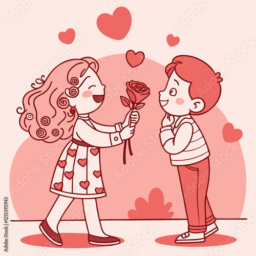 valentine day girl and boy have a rose in hand