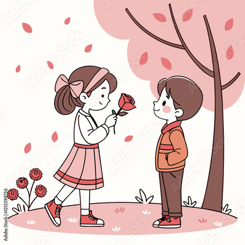 valentine day girl and boy have a rose in hand