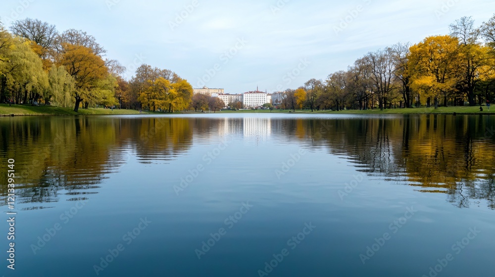 Autumn park lake reflection city buildings Autumn park lake reflection city buildings