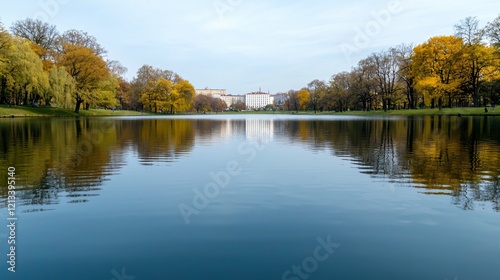 Autumn park lake reflection city buildings