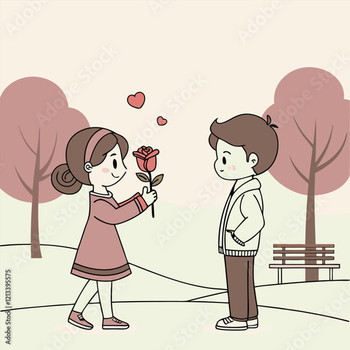 valentine day girl and boy have a rose in hand