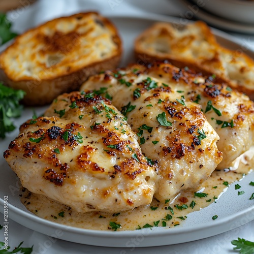 Chicken cordon bleu plated with a side of buttery garlic bread, garnished with parsley photo