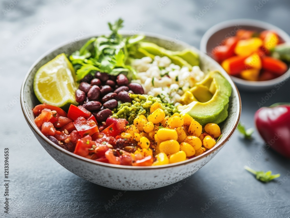 A vibrant vegetarian burrito bowl, in a trendy restaurant, showcasing a healthy and flavorful meal option A vibrant vegetarian burrito bowl, in a trendy restaurant, showcasing a healthy and flavorful meal option
