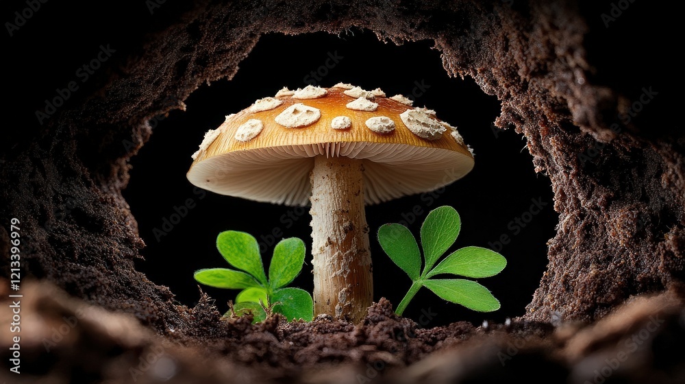 Mushroom in Cave: A vibrant, orange-brown mushroom with white spots emerges from a dark earthy cave, illuminated by an unseen light source, with small green plants at its base. Mushroom in Cave: A vibrant, orange-brown mushroom with white spots emerges from a dark earthy cave, illuminated by an unseen light source, with small green plants at its base.