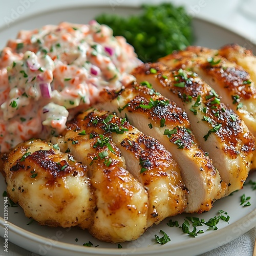 Chicken cordon bleu plated with a side of creamy coleslaw photo