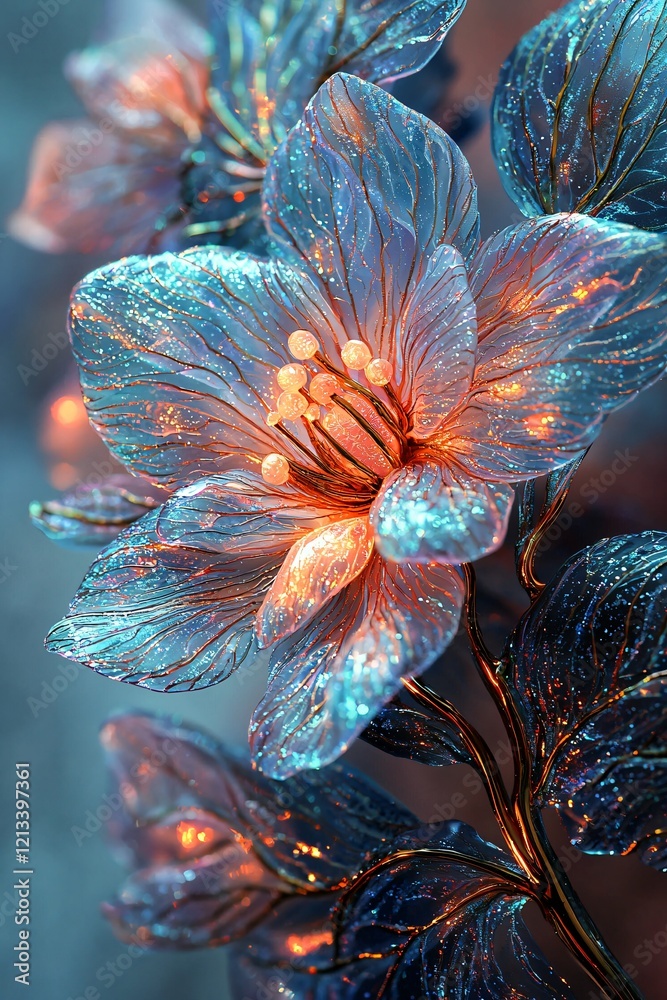 Obraz premium Glowing Blue Flowers, Dark Background, Fantasy Art, Phone Wallpaper