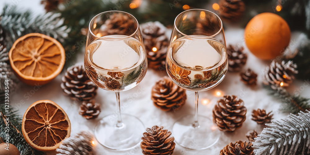 Elegant wine glasses surrounded by pinecones and dried oranges cozy winter setting still life photography festive atmosphere Elegant wine glasses surrounded by pinecones and dried oranges cozy winter setting still life photography festive atmosphere