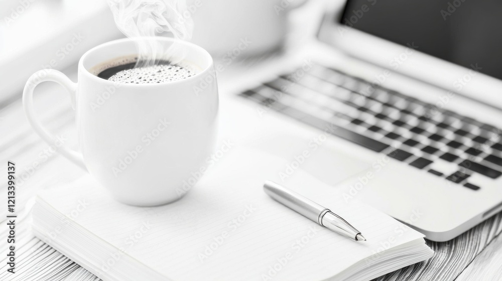 Minimalist Workspace with Coffee Laptop and Notebook for Productive Work or Study Minimalist Workspace with Coffee Laptop and Notebook for Productive Work or Study