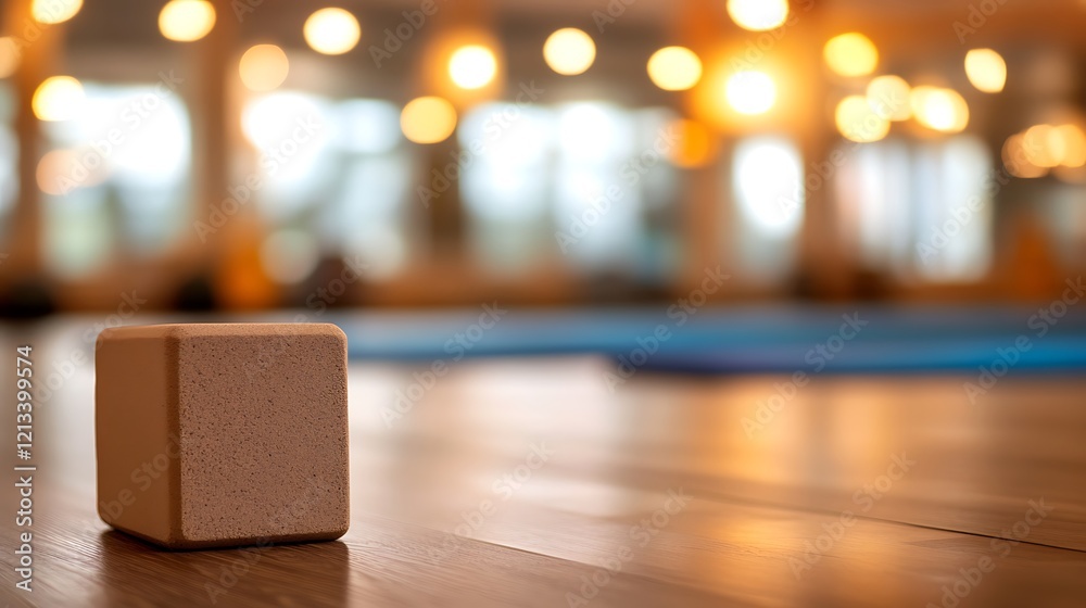 Yoga block rests on wooden floor in a studio Yoga block rests on wooden floor in a studio