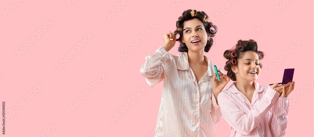 Little girl and her mother in hair curlers and pajamas putting on makeup against pink background with space for text Little girl and her mother in hair curlers and pajamas putting on makeup against pink background with space for text