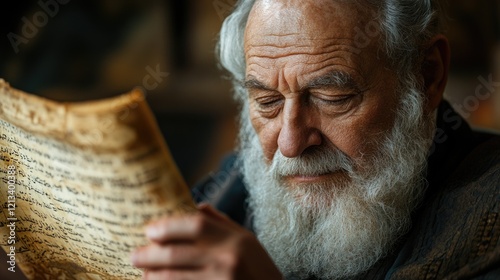 Sacred reflection - aged rabbi engrossed in Hebrew texts, embodying faith, wisdom, spiritual devotion within timeless walls of synagogue, preserving sacred heritage.