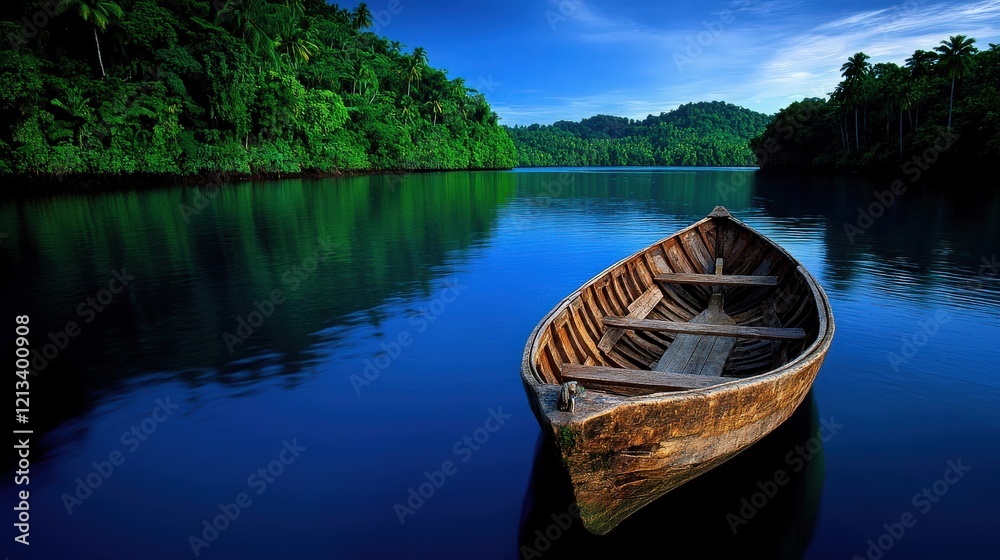 Tranquil Lagoon: A weathered wooden rowboat rests serenely on the still, dark-blue waters of a tropical lagoon, mirrored by the lush green foliage of the surrounding rainforest. Tranquil Lagoon: A weathered wooden rowboat rests serenely on the still, dark-blue waters of a tropical lagoon, mirrored by the lush green foliage of the surrounding rainforest.