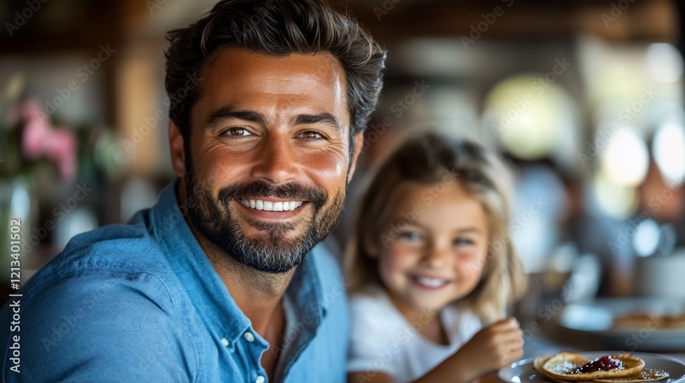 Happy father and daughter smiling at cafe. Happy father and daughter smiling at cafe.