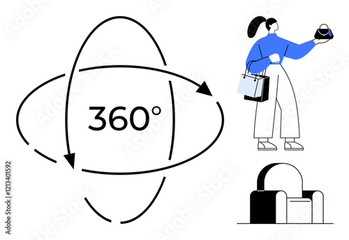 Woman holding a virtual reality headset and shopping bags, next to a 360-degree rotating arrows symbol and a modern chair. Ideal for technology, e-commerce, innovation, digital marketing, virtual