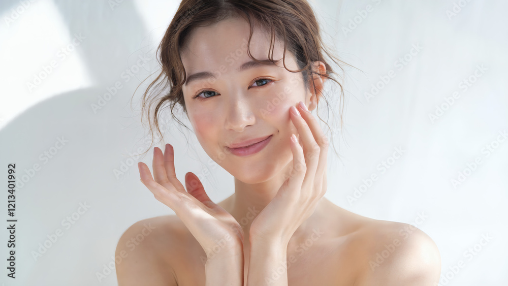 優しく顔に触れる自然なポーズで美しく気品を漂わせる若い日本人女性