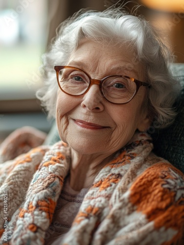 Elderly Woman with Glasses, Sweater, and Crewel Blanket