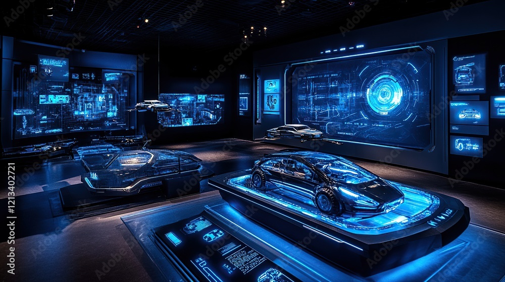 Futuristic car exhibit showcasing transparent vehicle models and holographic displays in a dark, modern space. Futuristic car exhibit showcasing transparent vehicle models and holographic displays in a dark, modern space.