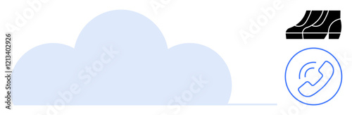 Large cloud symbol, black data center racks, and blue VoIP phone icon. Ideal for cloud storage, data management, digital communication, IT services, network infrastructure, remote work solutions