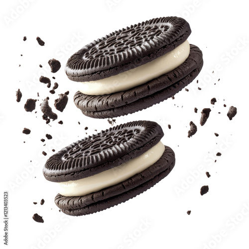 Delicious chocolate cookies with cream filling, isolated on a transparent PNG background. Perfect for dessert designs, food packaging, advertisements, and bakery-themed projects.