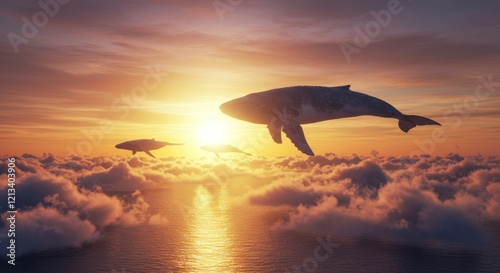 Sunset Whales: Serene Flight Through Golden Clouds