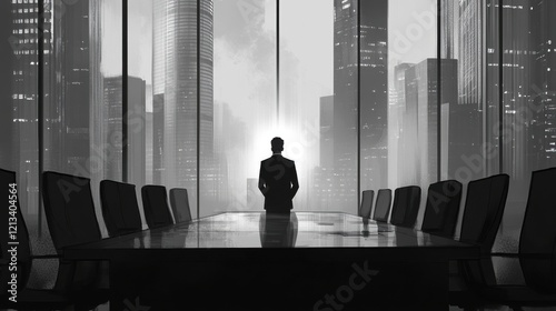 Strategic Vision: A lone executive silhouetted against a panoramic cityscape, contemplates the future from an expansive conference table.