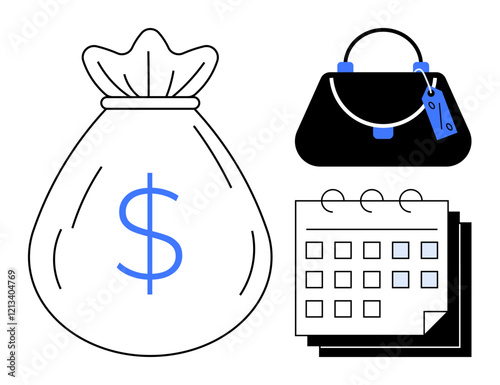 Money bag with dollar sign, shopping bag with price tag, and calendar with dates suggest financial activities. Ideal for budgeting, expense tracking, financial planning, savings strategies, retail