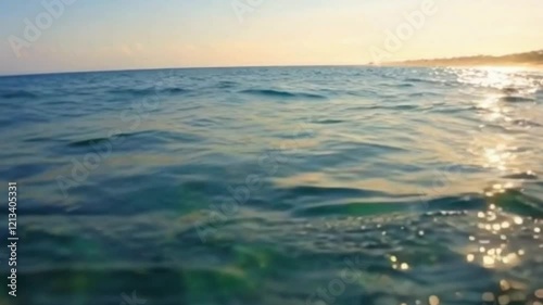 Abstract Bokeh of Sunlit Blue Sea Water at the Beach photo