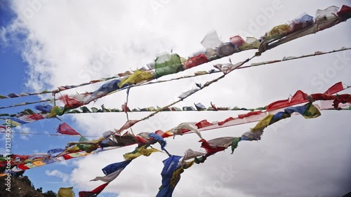 Serene Slow Motion Of Colorful Prayer Flags In The Himalayan Breeze