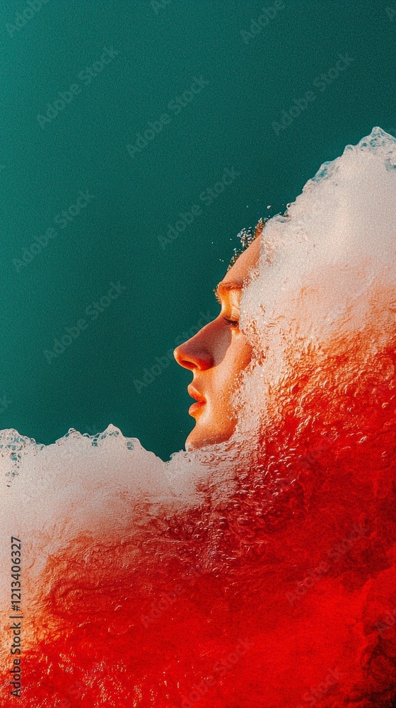 Fototapeta premium Abstract Red Water Face in Foam Surreal Art Ocean Sea Wave Calm Serenity Relaxati