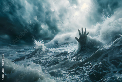 Hand rise up from ocean wave as a drown illustration, version 2