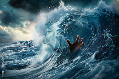 Hand rise up from ocean wave as a drown illustration, version 1