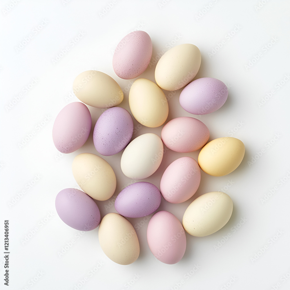 Pastel-colored eggs arranged on a white background. A perfect springtime or Easter image. Pastel-colored eggs arranged on a white background. A perfect springtime or Easter image.