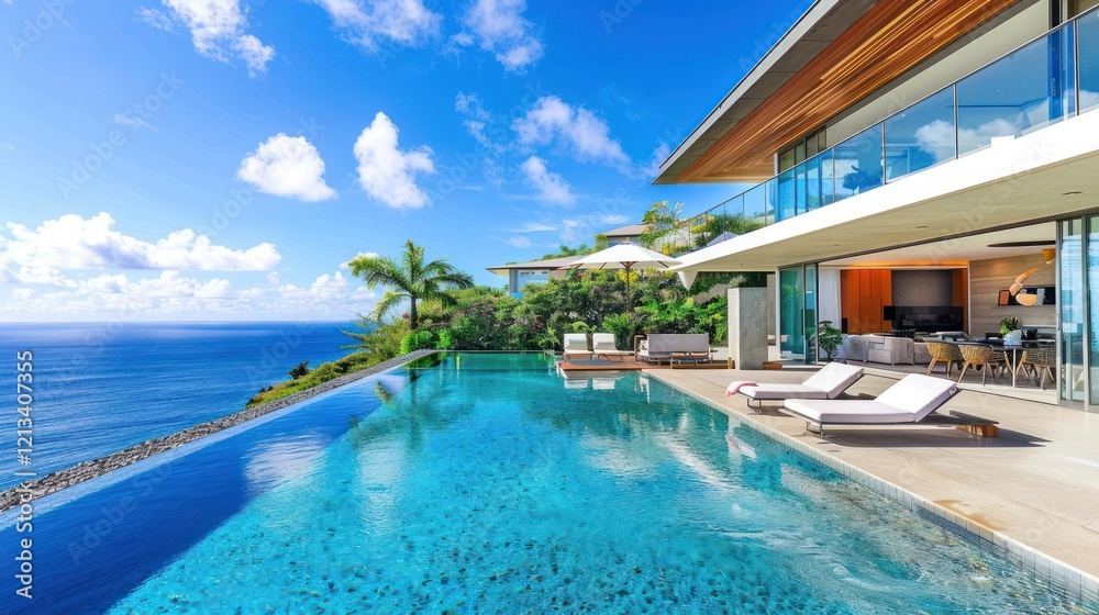 Fototapeta premium Modern House Exterior with swimming pool and sea view, AI generated image